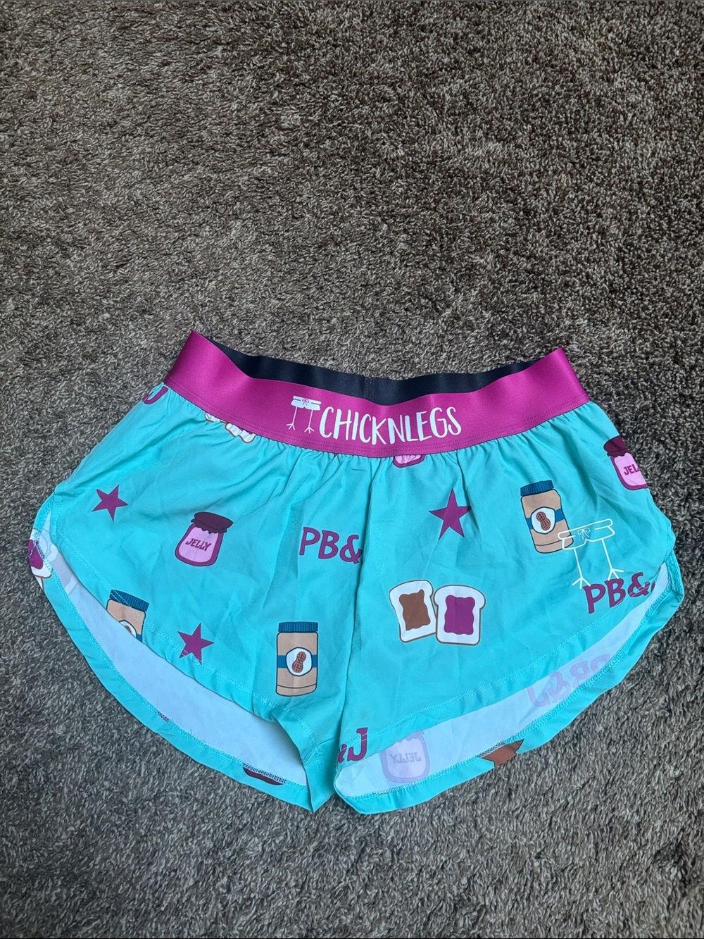 ChicknLegs Women’s Turquoise PB&J Print Athletic Shorts Size S, never worn